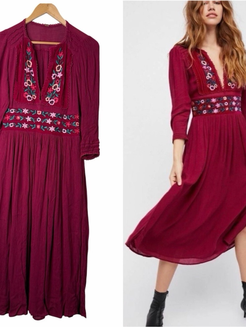 Free People Embroidered V-Neck Midi Dress in Burgundy